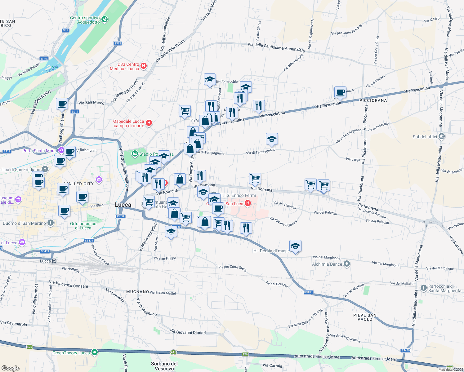 map of restaurants, bars, coffee shops, grocery stores, and more near 1001 Via Romana in Lucca