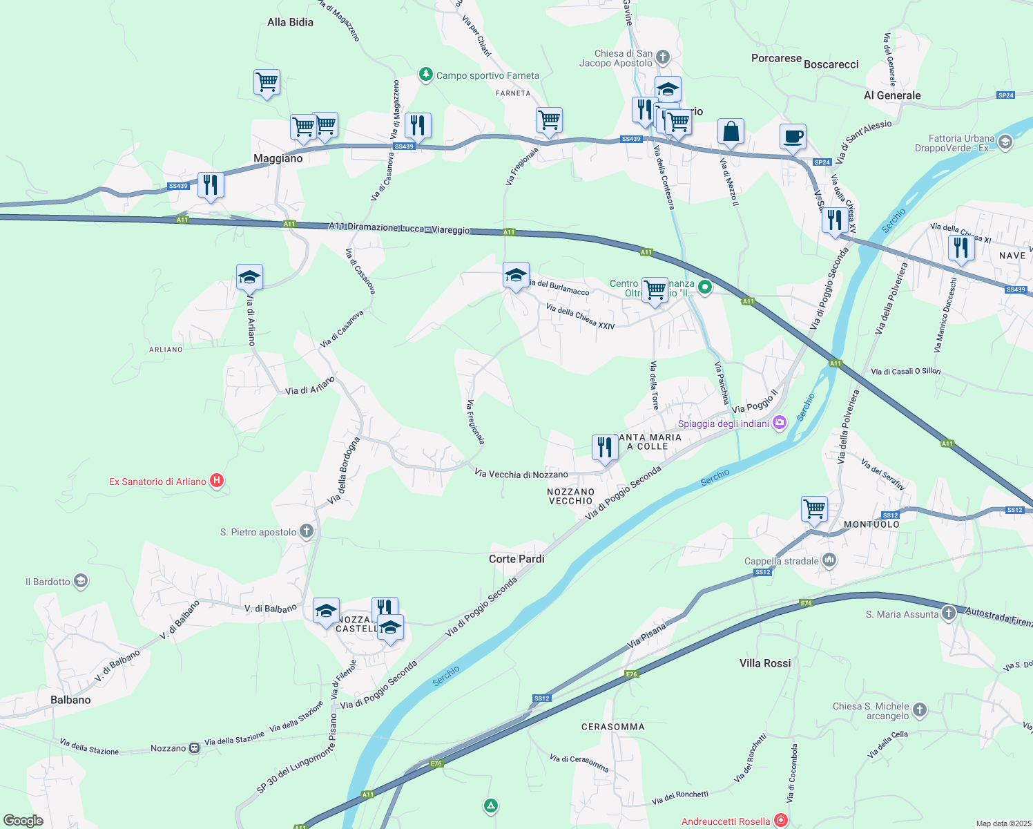 map of restaurants, bars, coffee shops, grocery stores, and more near in Province of Lucca