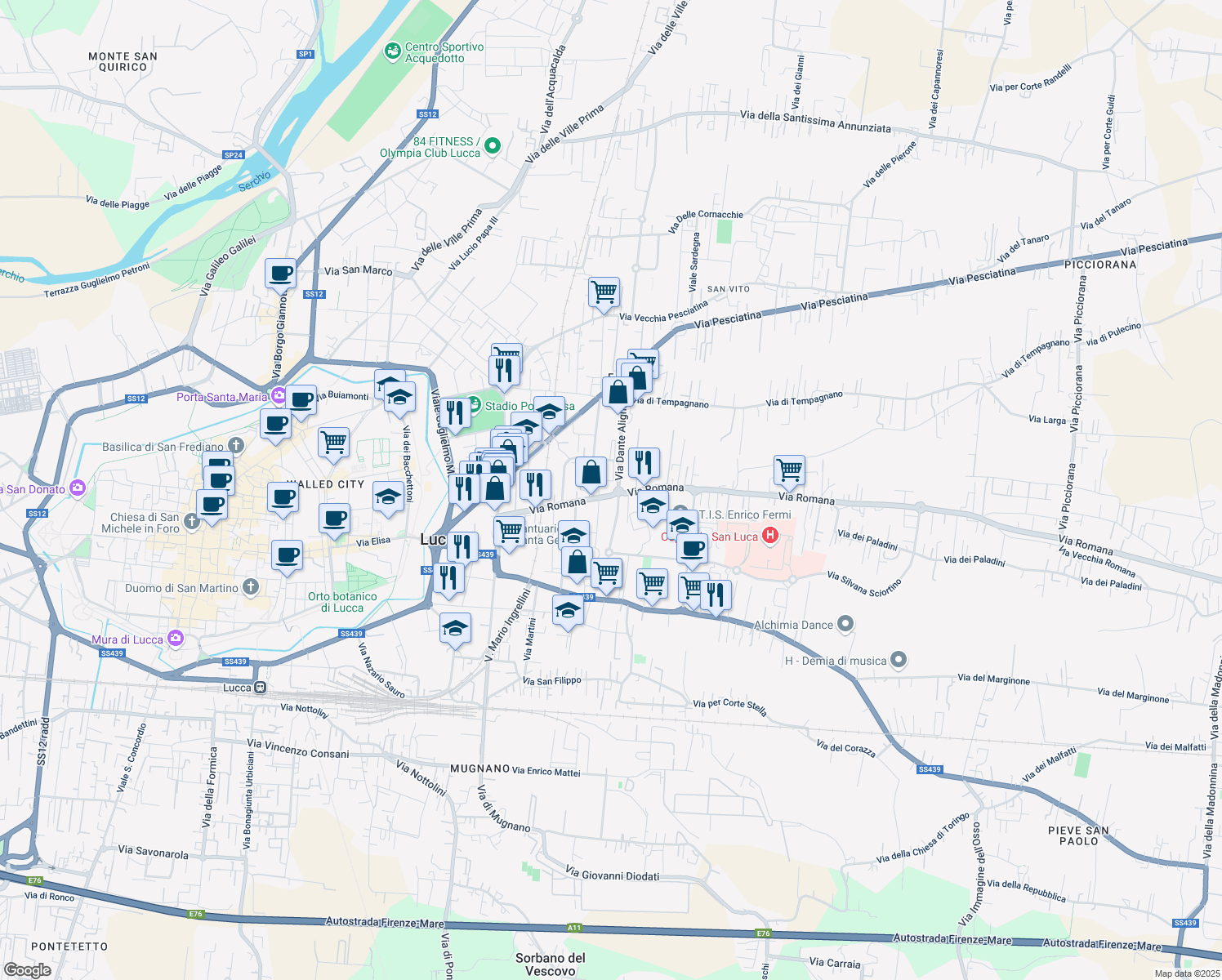 map of restaurants, bars, coffee shops, grocery stores, and more near 489 Via Romana in Lucca
