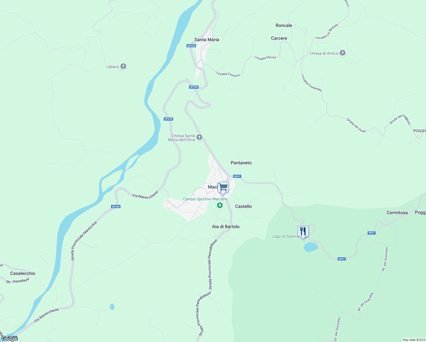 map of restaurants, bars, coffee shops, grocery stores, and more near 23 Via Aia Marcucci in Provincia di Rimini