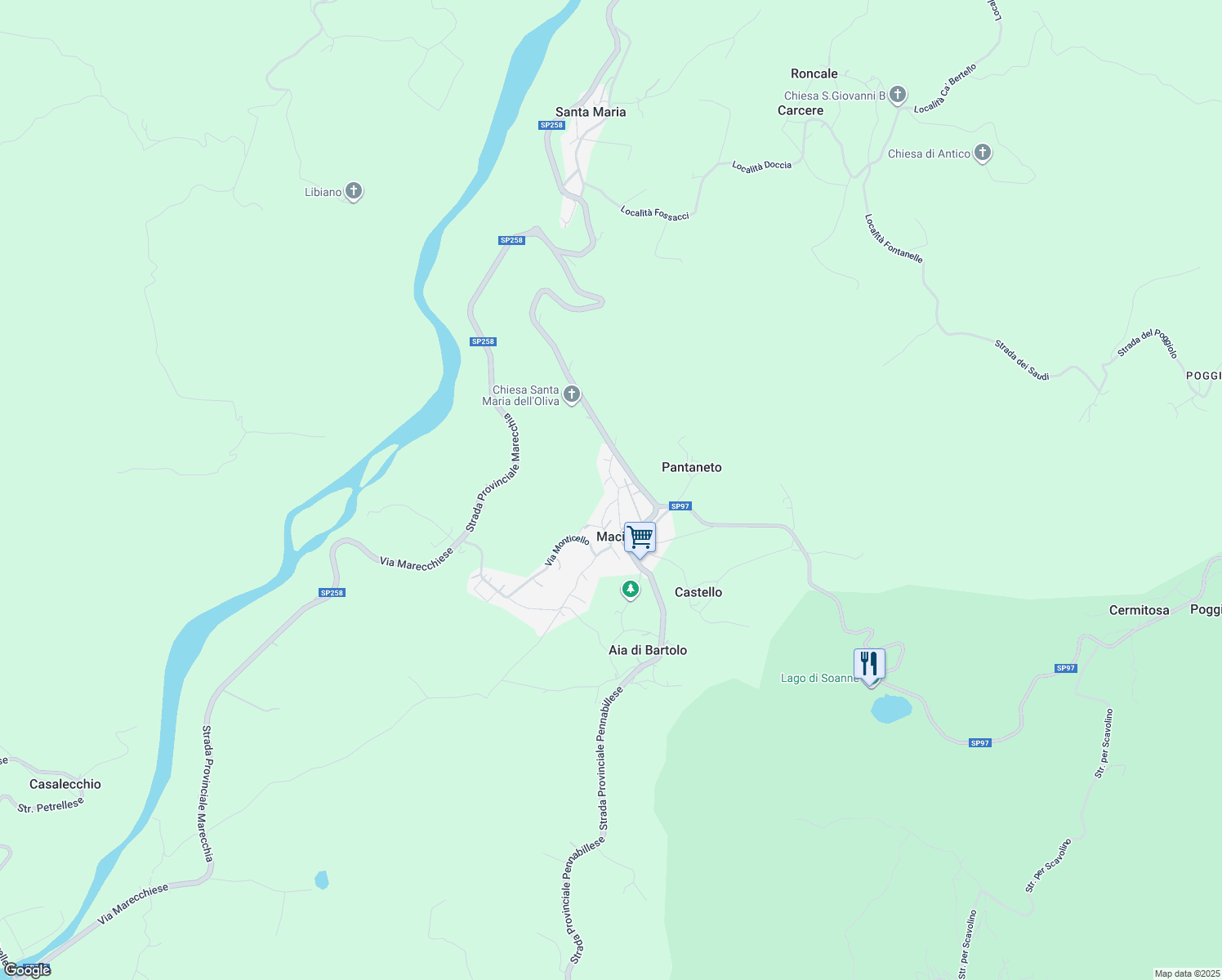 map of restaurants, bars, coffee shops, grocery stores, and more near 23 Via Aia Marcucci in Provincia di Rimini