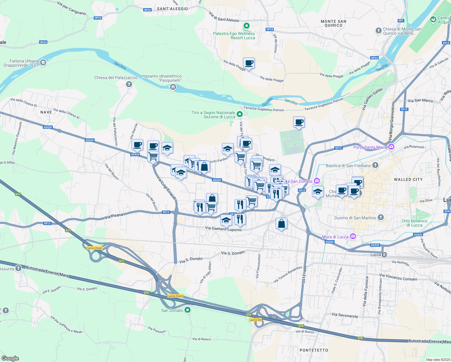 map of restaurants, bars, coffee shops, grocery stores, and more near 662 Viale G. Puccini in Lucca