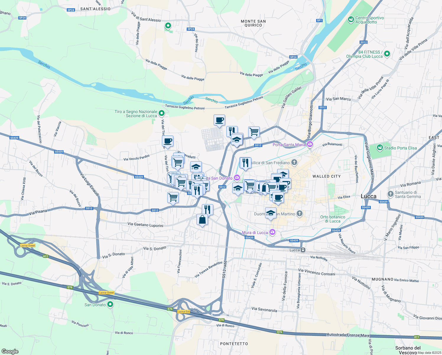map of restaurants, bars, coffee shops, grocery stores, and more near 40 Via Castruccio Buonamici in Lucca