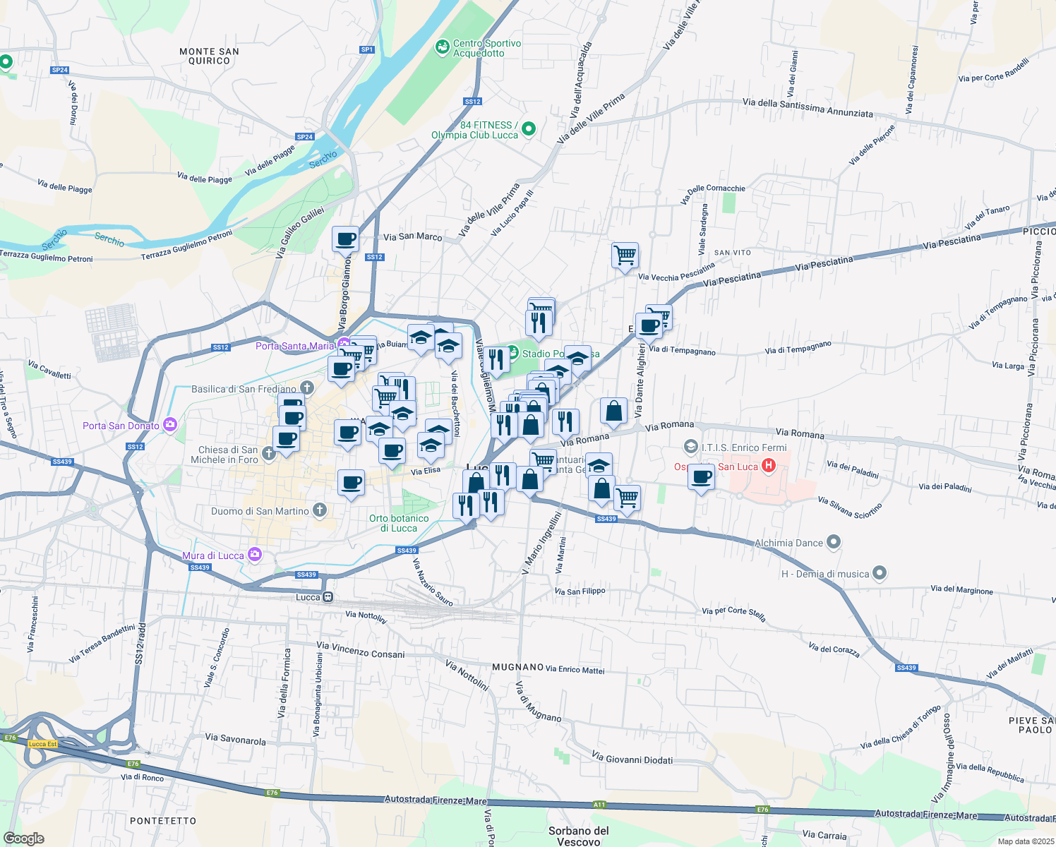 map of restaurants, bars, coffee shops, grocery stores, and more near 21-29 Via di Tiglio in Lucca