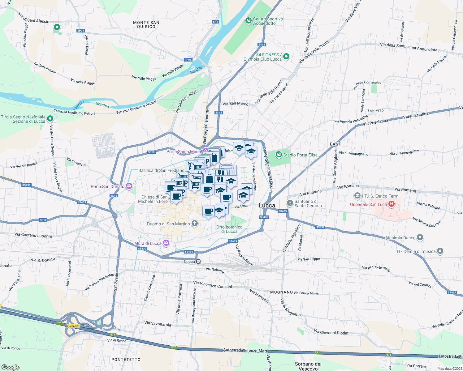 map of restaurants, bars, coffee shops, grocery stores, and more near 33 Via Santa Chiara in Lucca