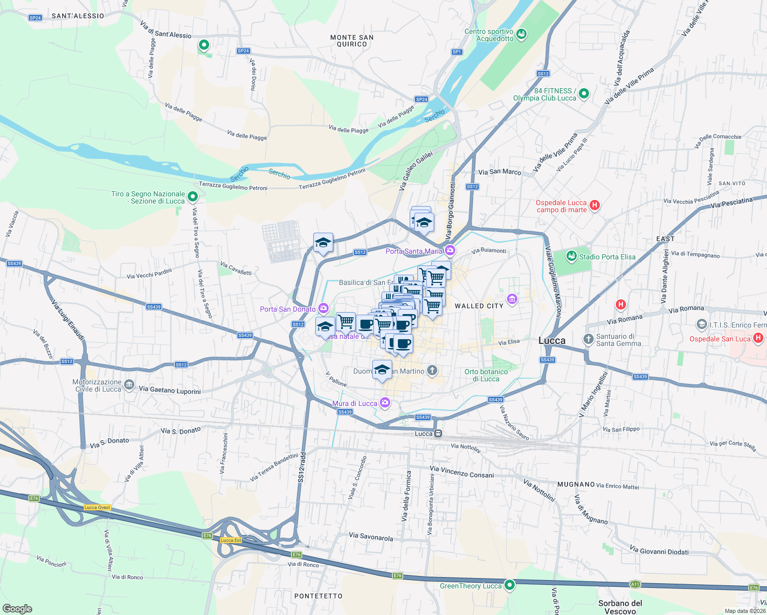 map of restaurants, bars, coffee shops, grocery stores, and more near 54 Via San Giorgio in Lucca