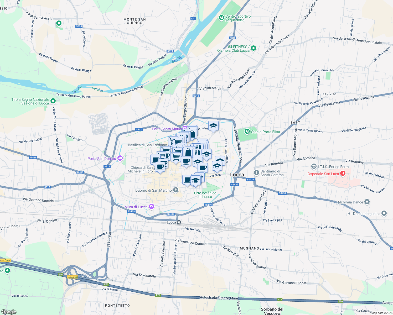 map of restaurants, bars, coffee shops, grocery stores, and more near 26 Via della Fratta in Lucca
