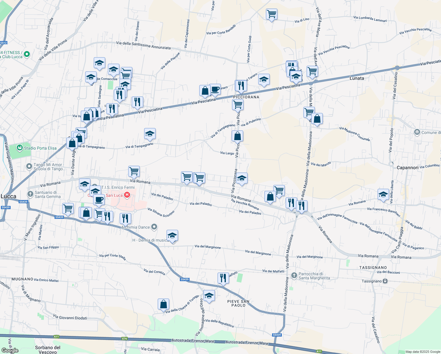map of restaurants, bars, coffee shops, grocery stores, and more near 140 Traversa I Via di Picciorana in Lucca