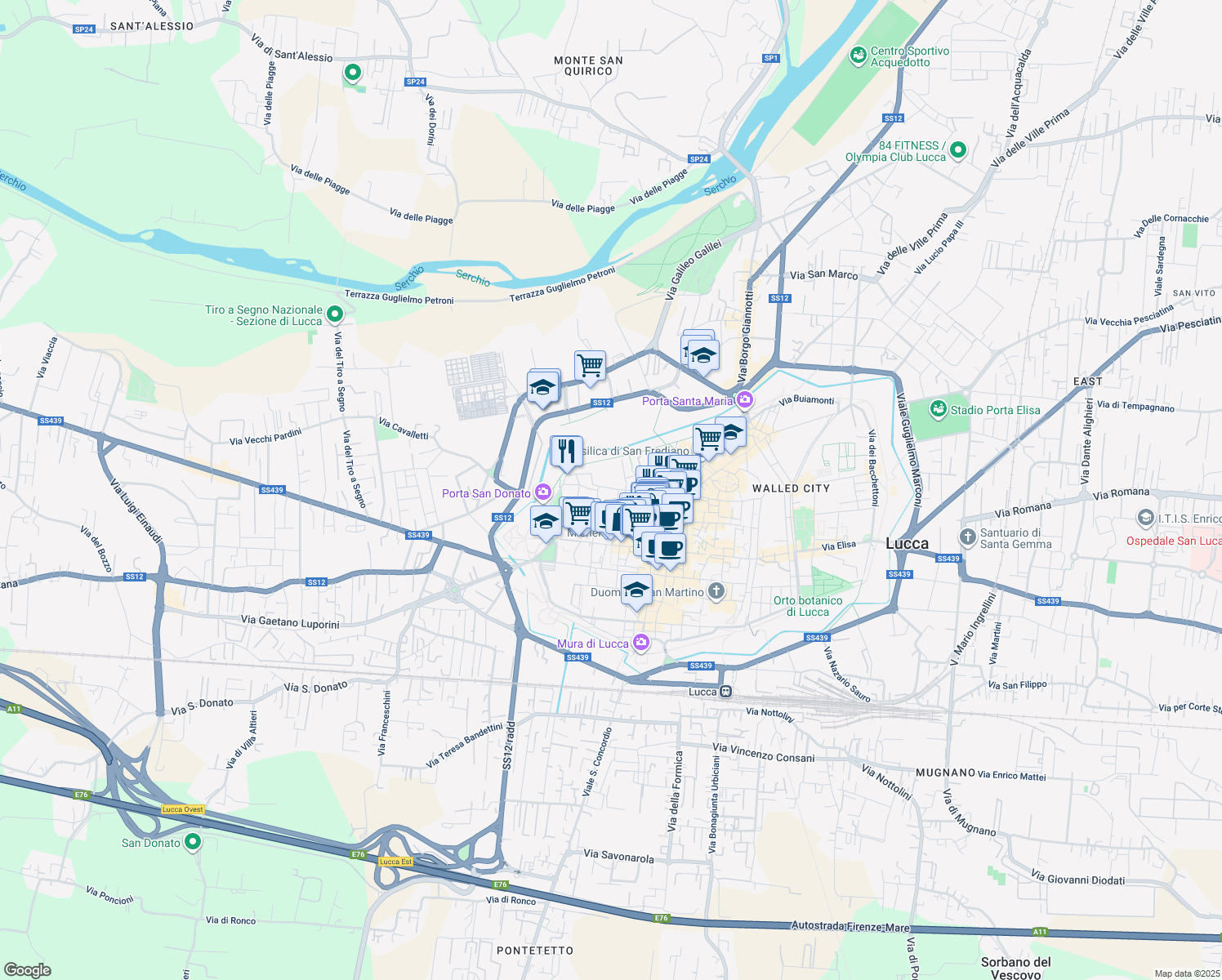 map of restaurants, bars, coffee shops, grocery stores, and more near 61 Via San Giorgio in Lucca