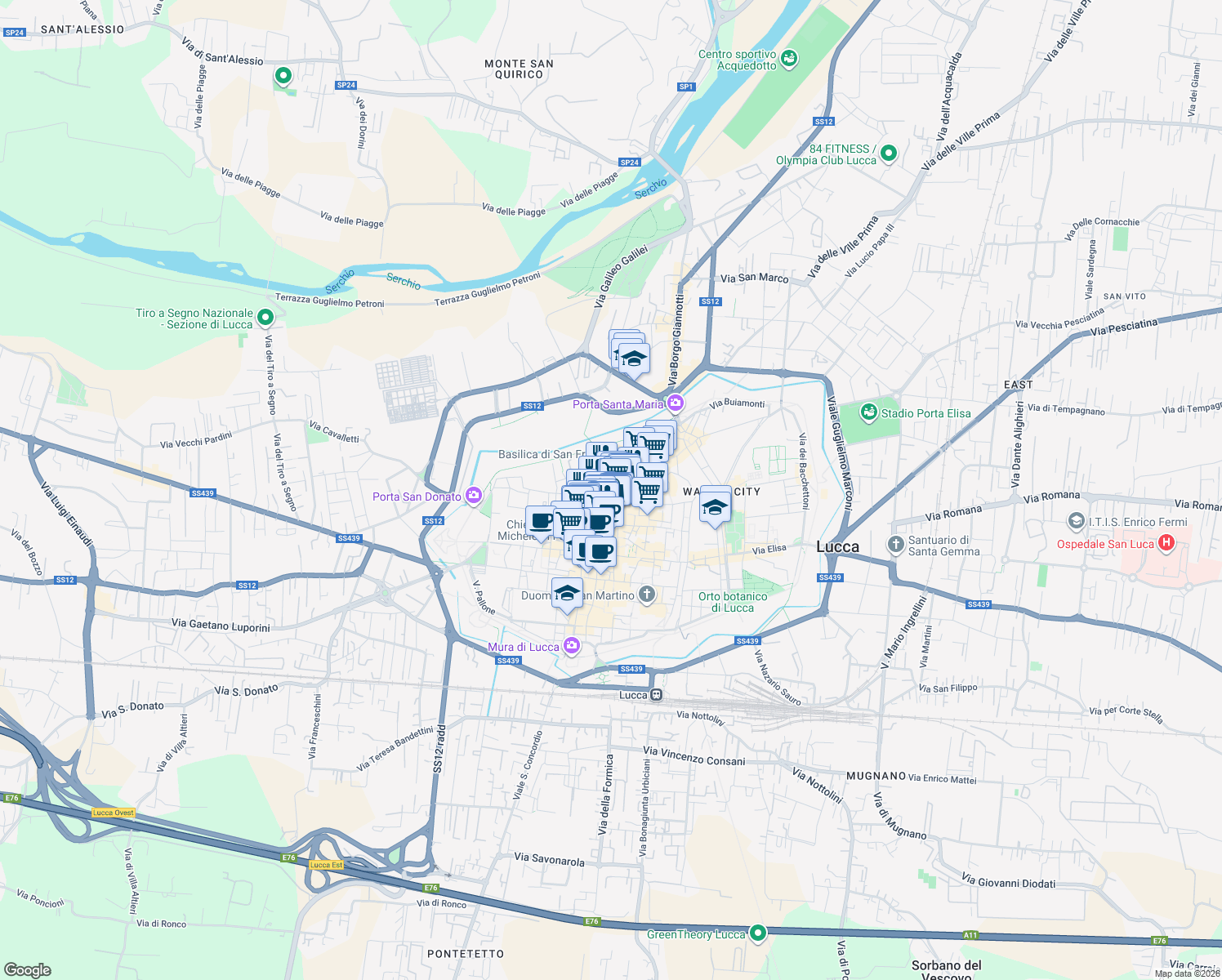 map of restaurants, bars, coffee shops, grocery stores, and more near in Lucca