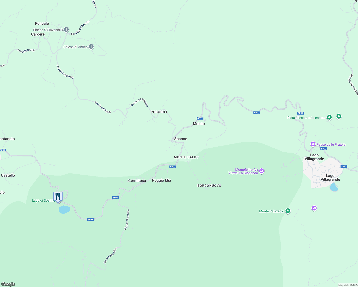 map of restaurants, bars, coffee shops, grocery stores, and more near 63 Via Strada per Soanne in Soanne