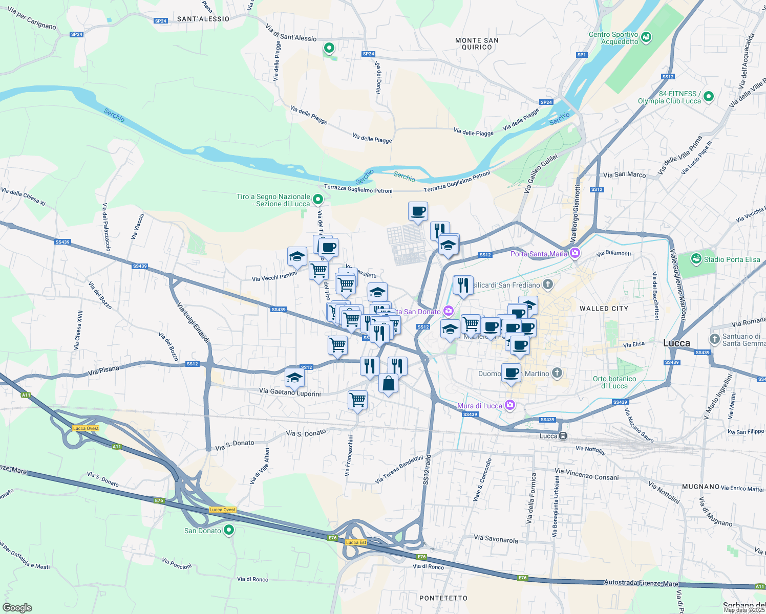 map of restaurants, bars, coffee shops, grocery stores, and more near 28 Via delle Rose in Lucca