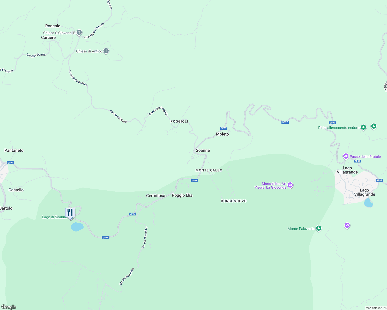 map of restaurants, bars, coffee shops, grocery stores, and more near 63 Via Strada per Soanne in Soanne