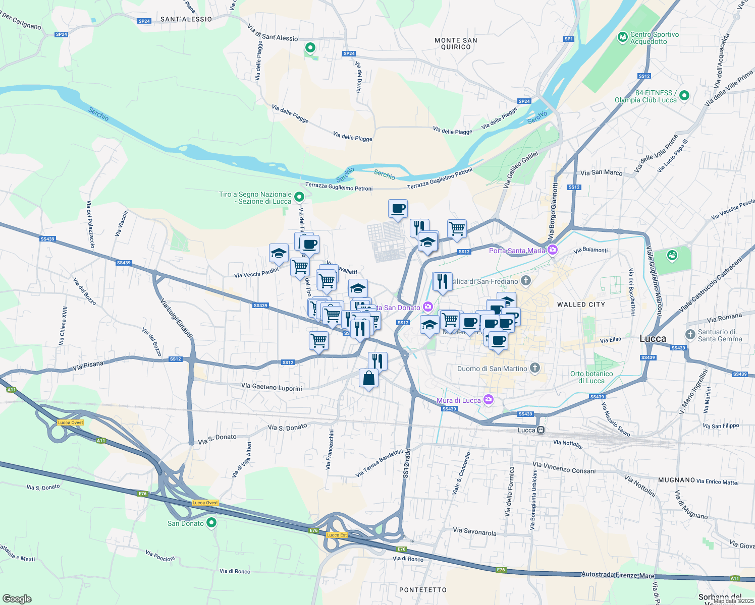 map of restaurants, bars, coffee shops, grocery stores, and more near 206 Via C. Angeloni in Lucca