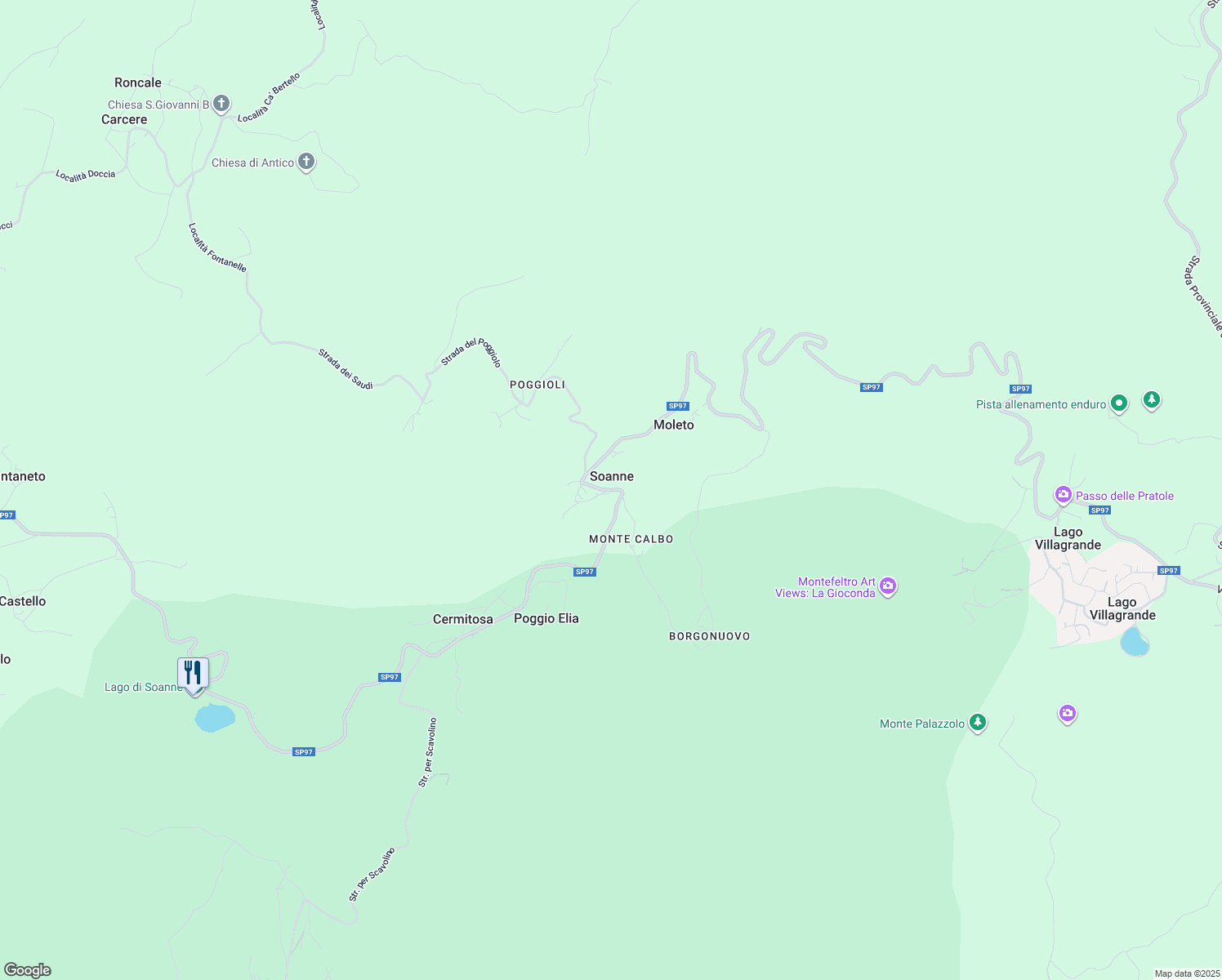 map of restaurants, bars, coffee shops, grocery stores, and more near 7 Via Strada per Soanne in Provincia di Rimini