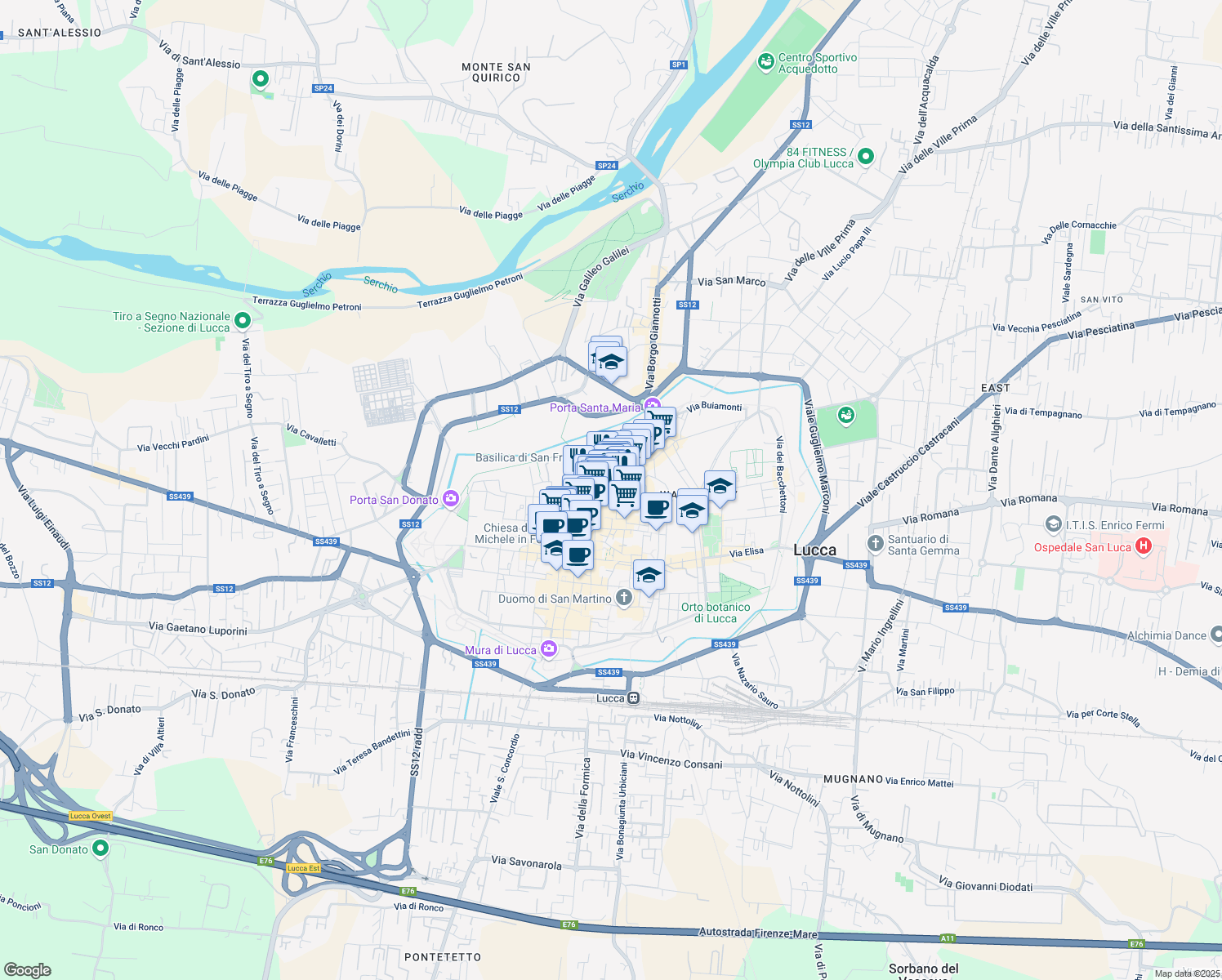 map of restaurants, bars, coffee shops, grocery stores, and more near 2 Corte Compagni in Lucca