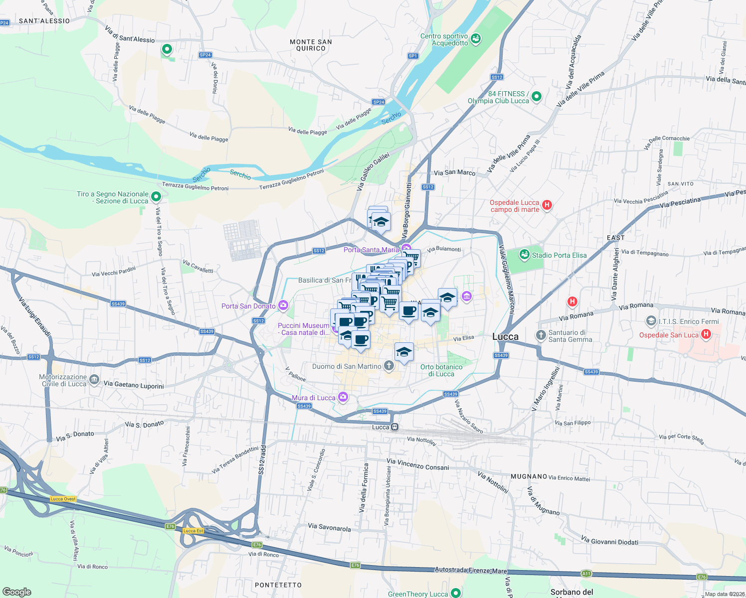 map of restaurants, bars, coffee shops, grocery stores, and more near 2 Corte Compagni in Lucca
