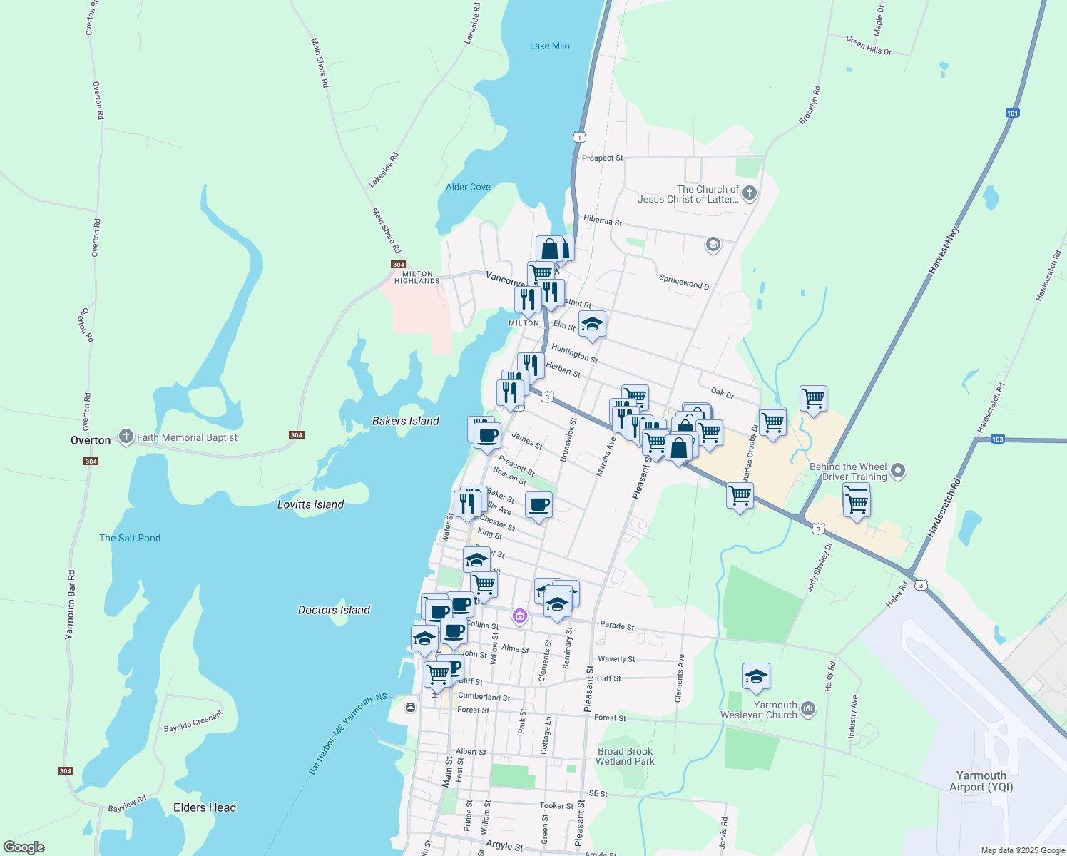 map of restaurants, bars, coffee shops, grocery stores, and more near 1 Whipple Street in Yarmouth