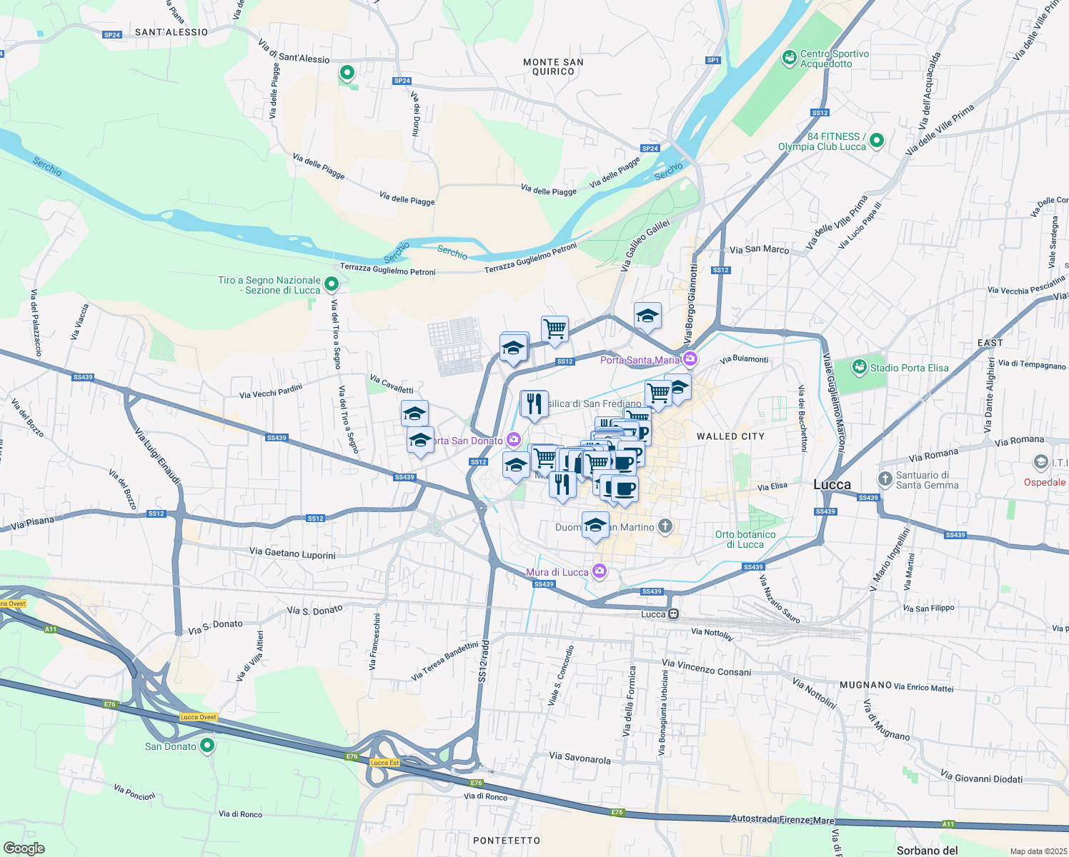 map of restaurants, bars, coffee shops, grocery stores, and more near 49 Via delle Conce in Lucca