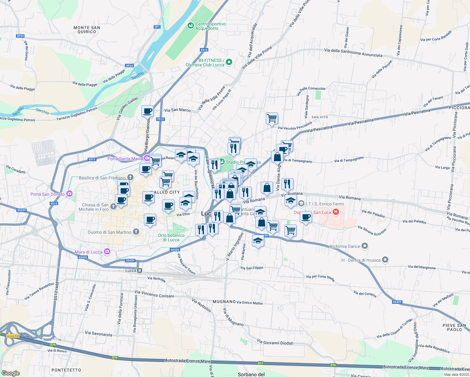 map of restaurants, bars, coffee shops, grocery stores, and more near 361 Viale Castruccio Castracani in Lucca