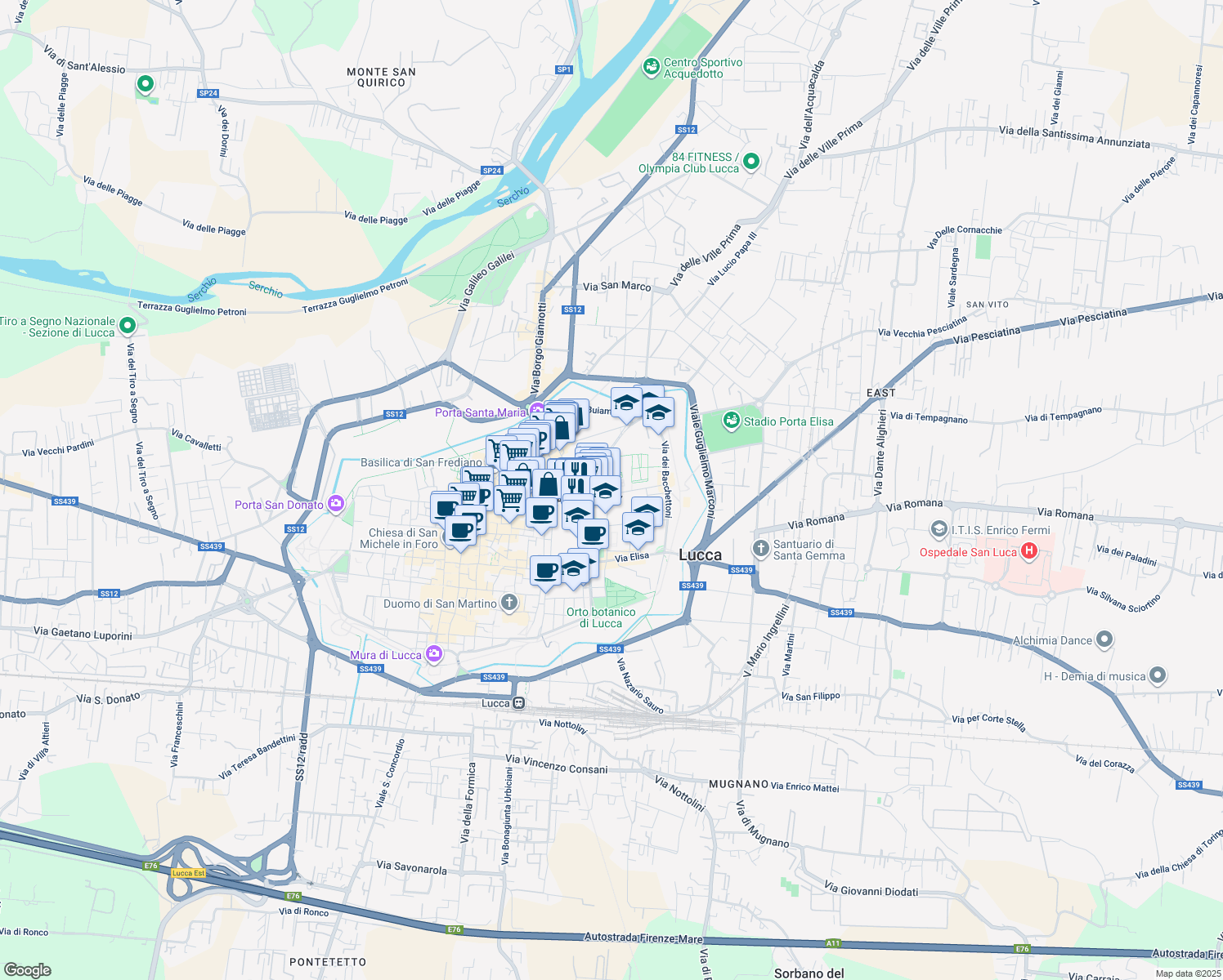 map of restaurants, bars, coffee shops, grocery stores, and more near 33 Via Santa Chiara in Lucca