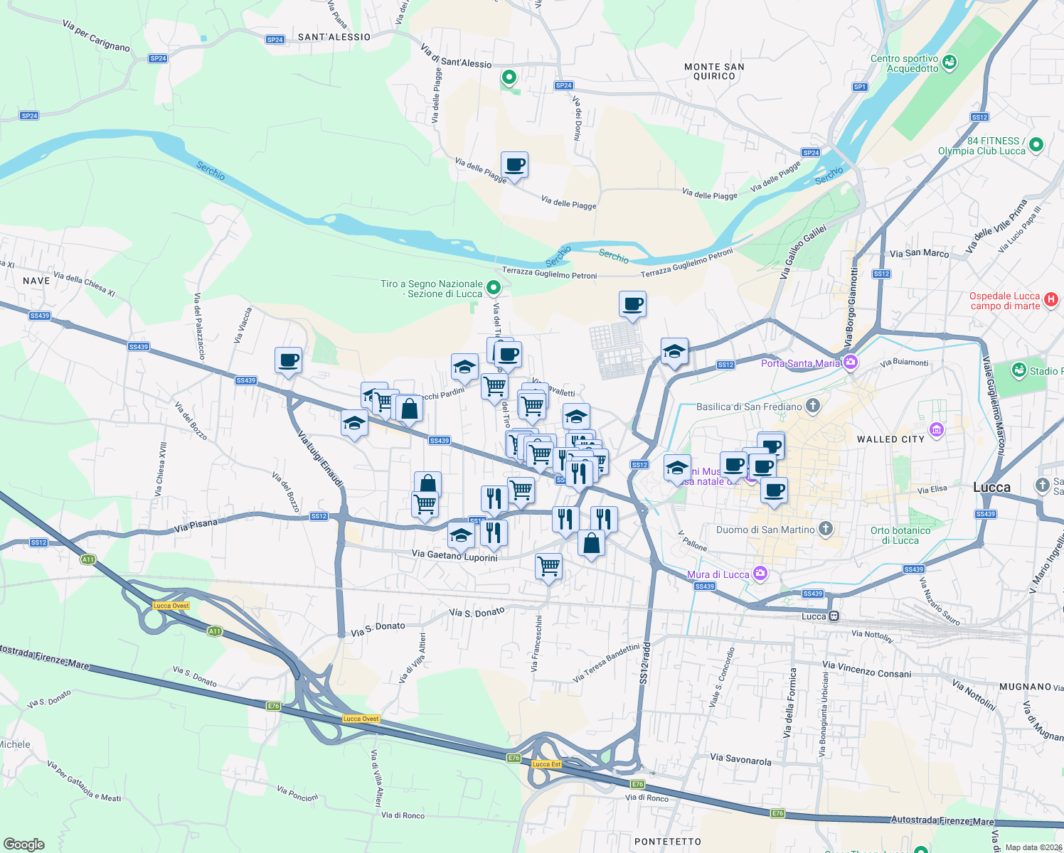 map of restaurants, bars, coffee shops, grocery stores, and more near 139 Via Don Giovanni Minzoni in Lucca