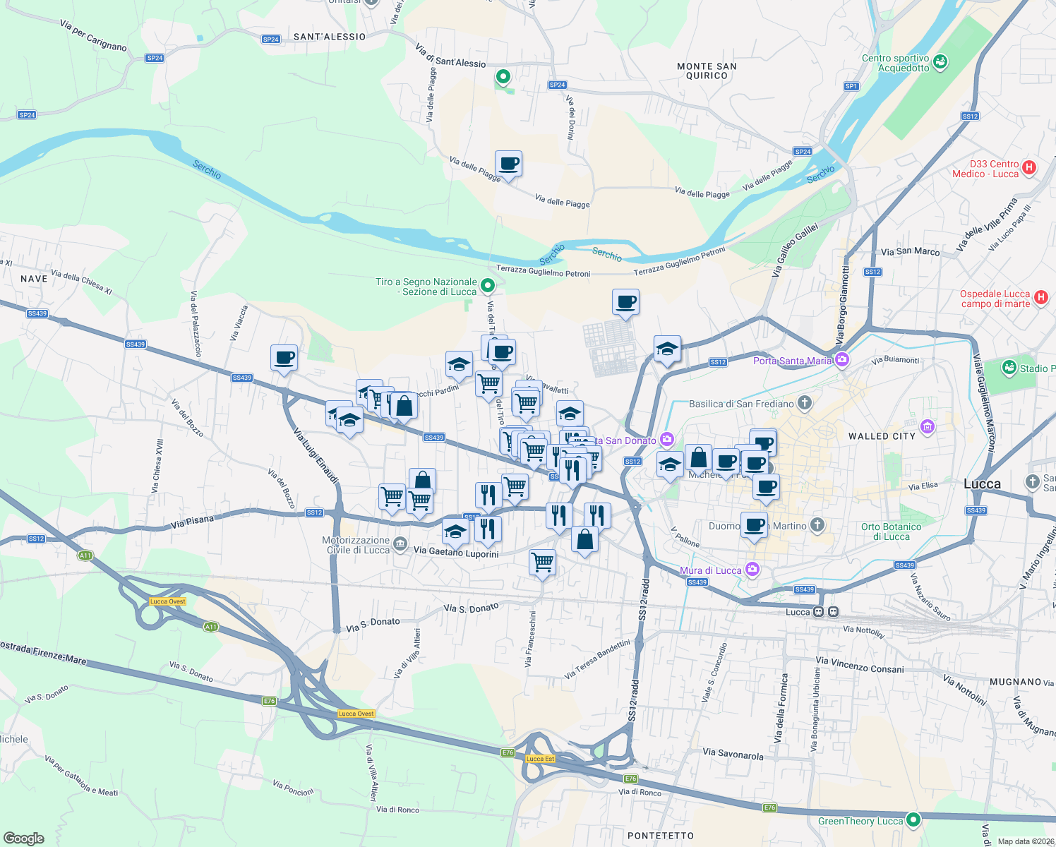 map of restaurants, bars, coffee shops, grocery stores, and more near 139 Via Don Giovanni Minzoni in Lucca
