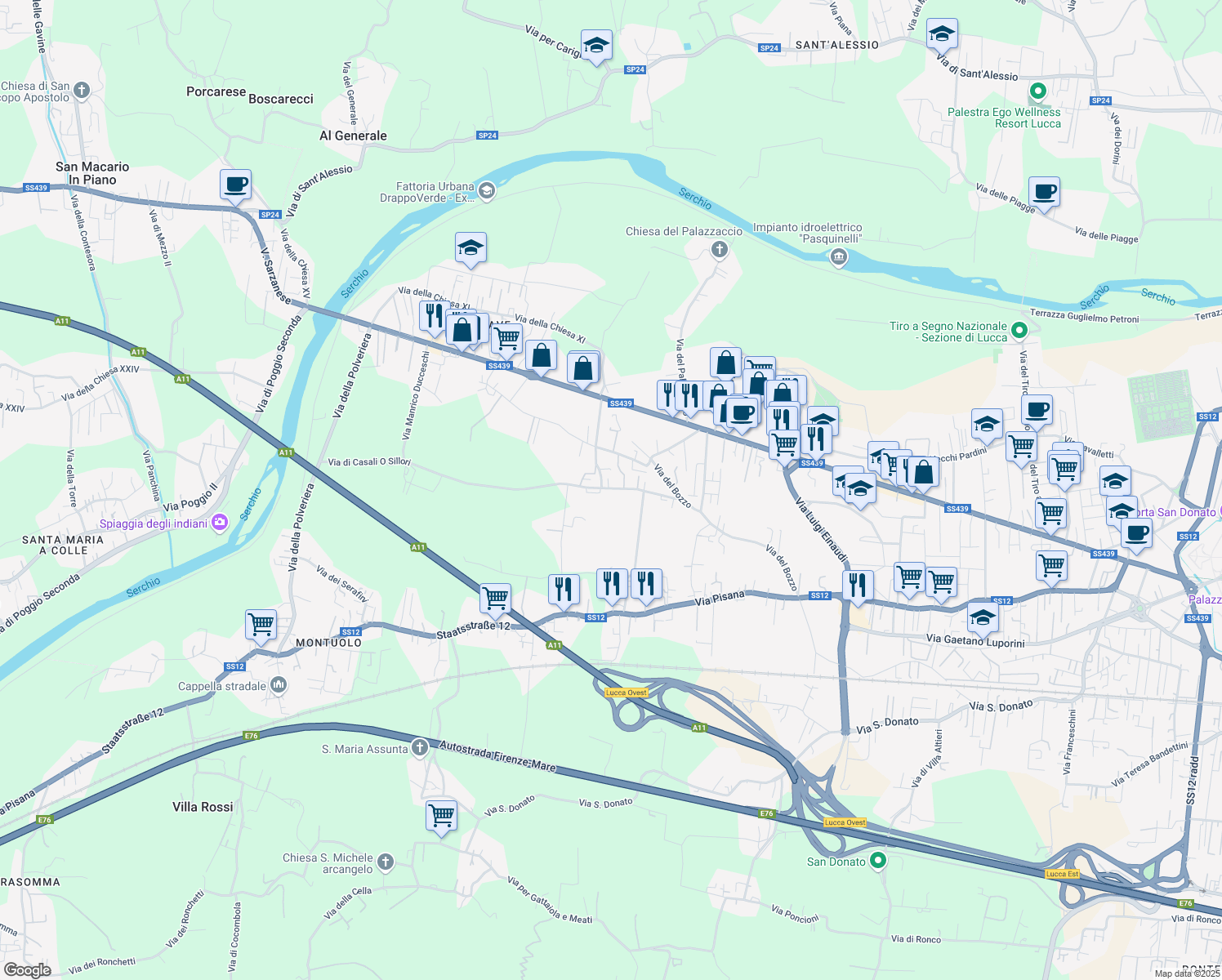 map of restaurants, bars, coffee shops, grocery stores, and more near 740 Via Chiesa XVIII in Lucca