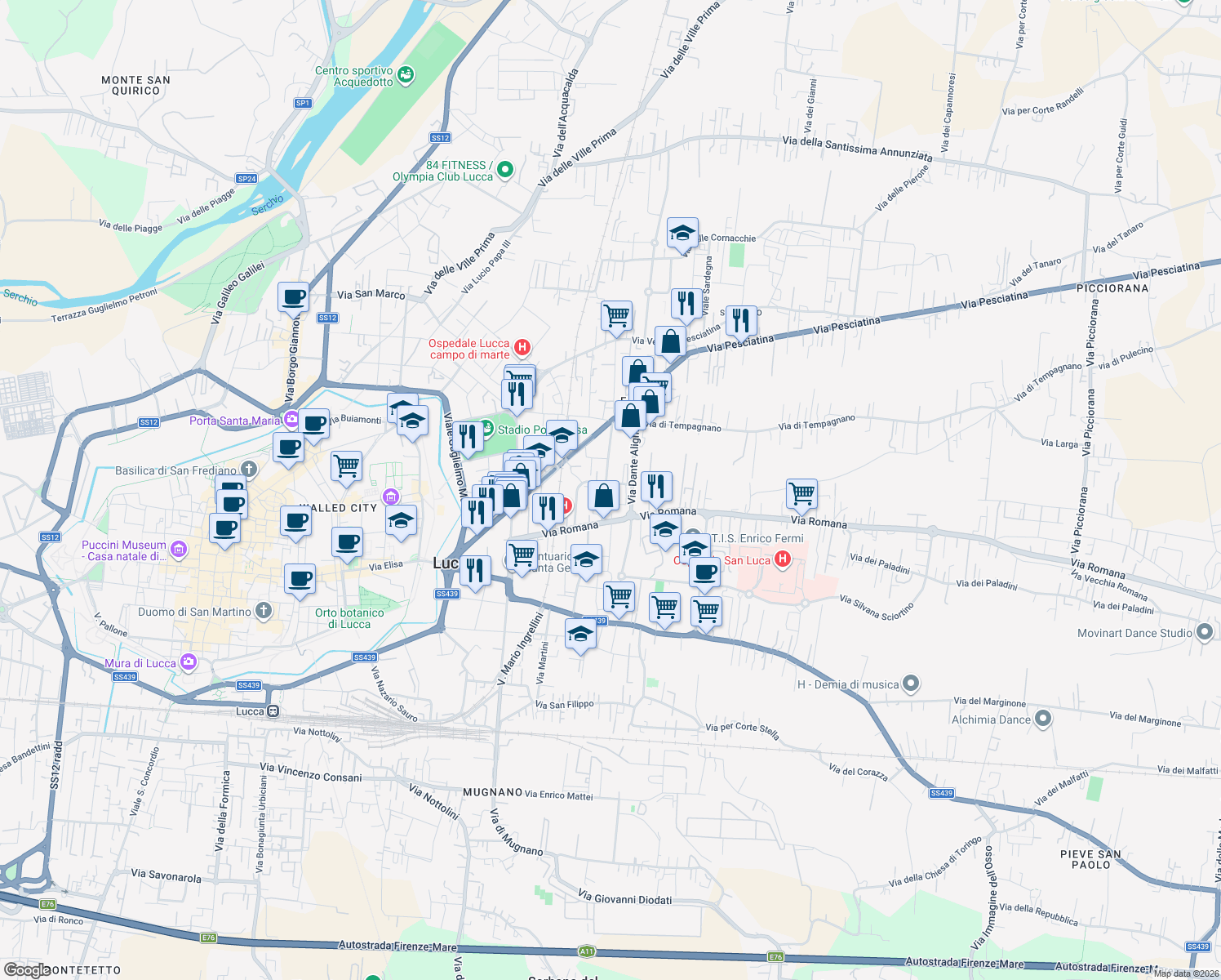 map of restaurants, bars, coffee shops, grocery stores, and more near Strada Privata in Lucca