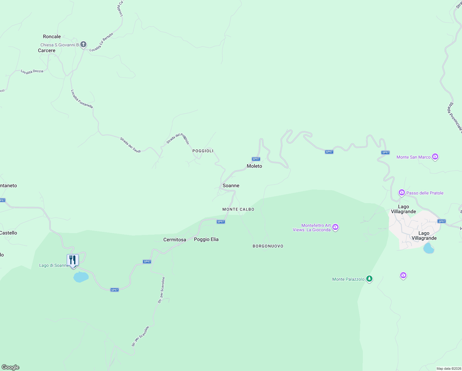 map of restaurants, bars, coffee shops, grocery stores, and more near 132 Via Strada per Soanne in Soanne