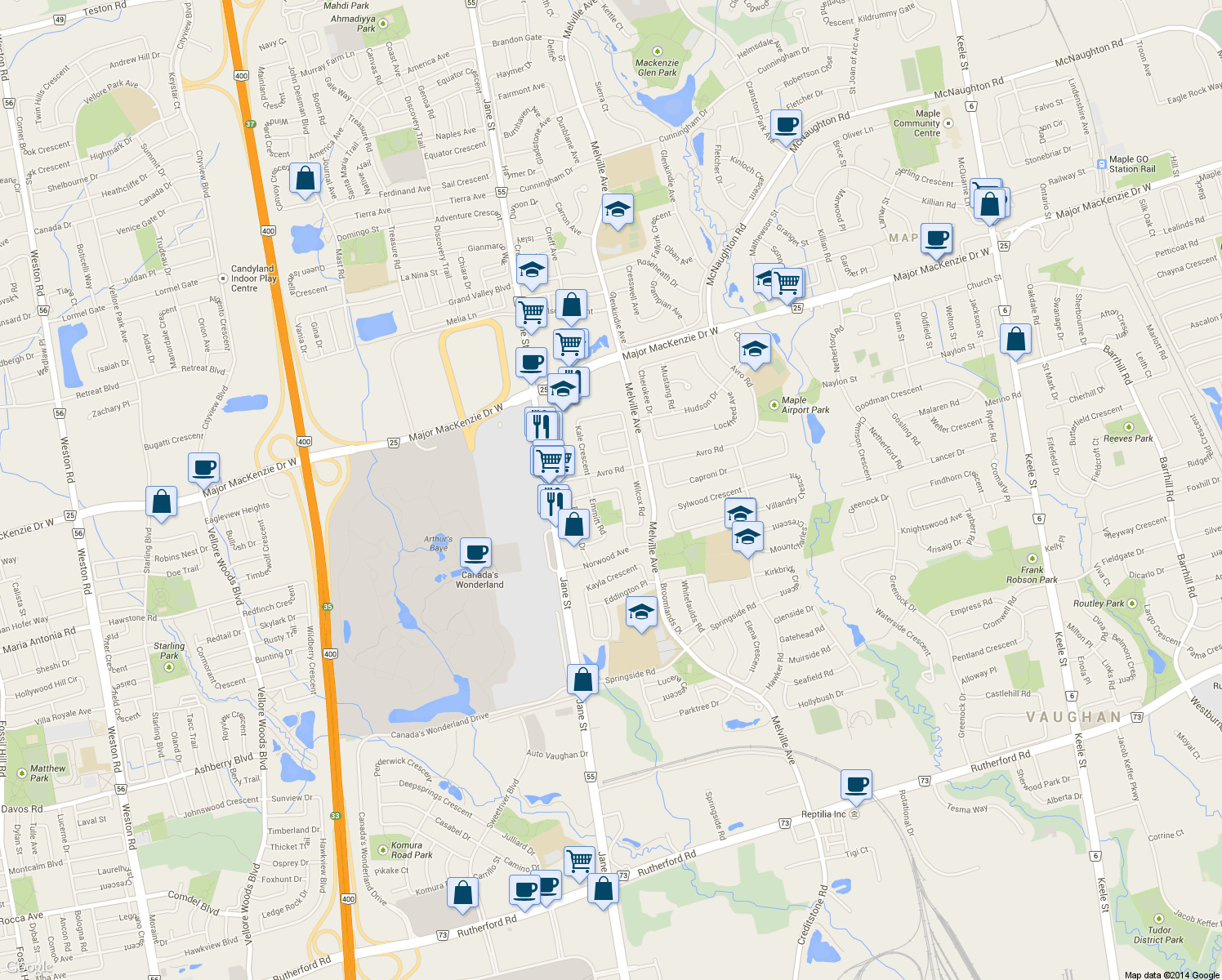 map of restaurants, bars, coffee shops, grocery stores, and more near 140 Bachman Drive in Vaughan