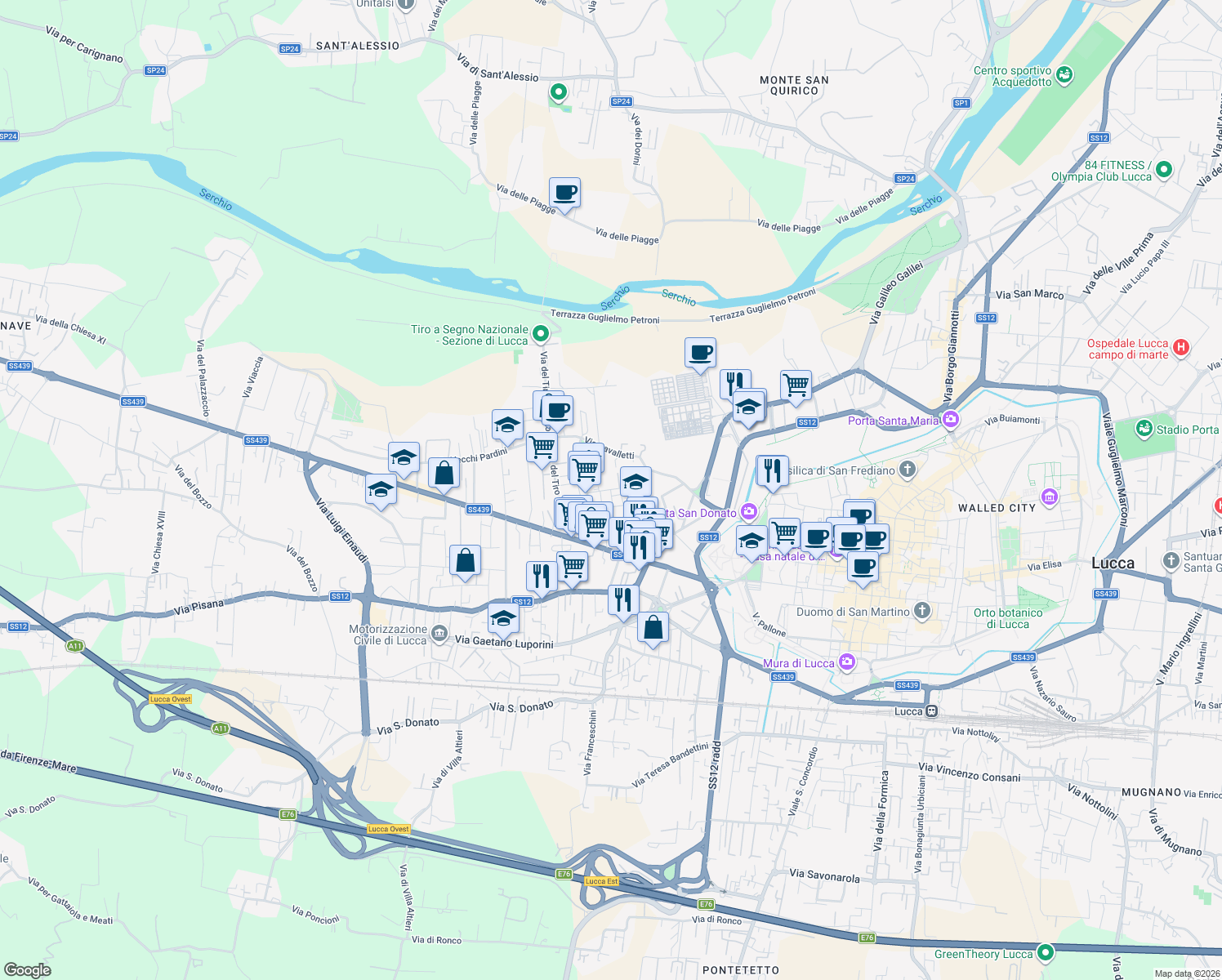 map of restaurants, bars, coffee shops, grocery stores, and more near 149 Via Don Giorgio Bigongiari in Lucca