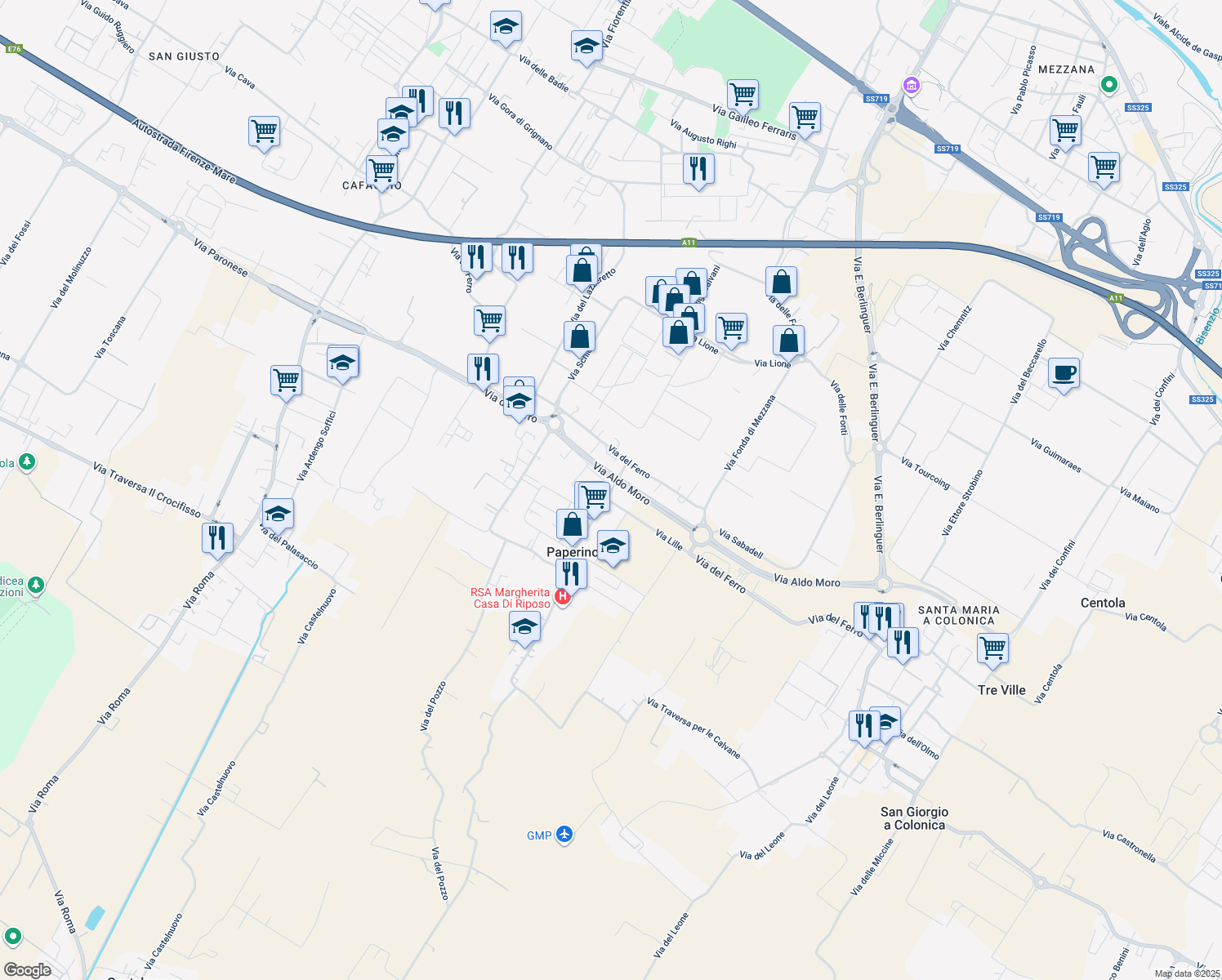 map of restaurants, bars, coffee shops, grocery stores, and more near 72 Via Aldo Moro in Prato