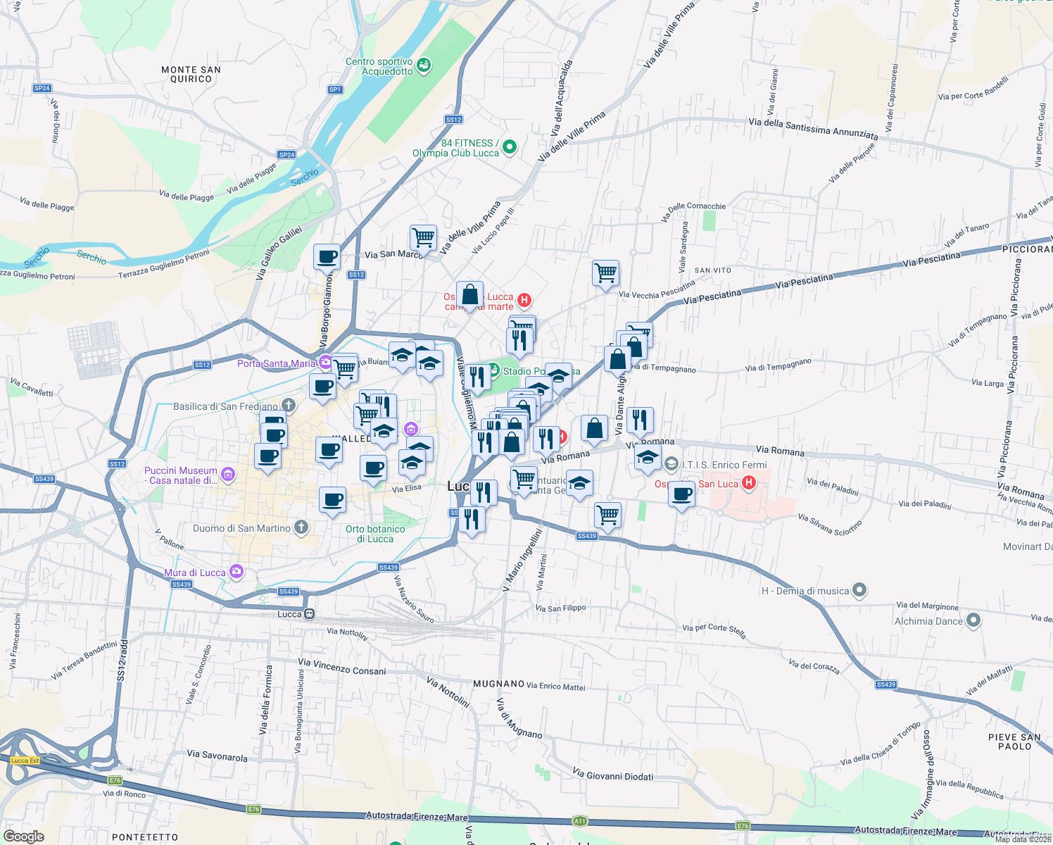 map of restaurants, bars, coffee shops, grocery stores, and more near Via Barbantini in Lucca