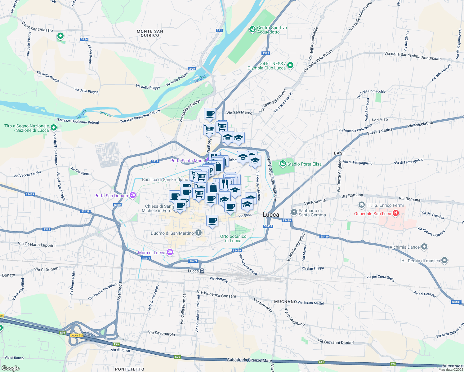 map of restaurants, bars, coffee shops, grocery stores, and more near 112 Via del Fosso in Lucca