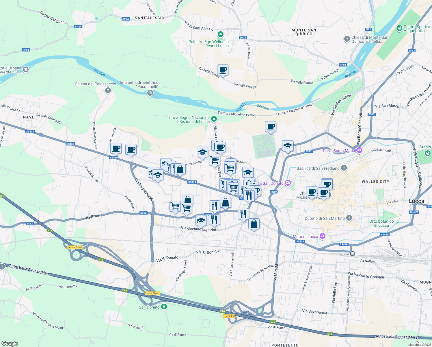 map of restaurants, bars, coffee shops, grocery stores, and more near 67 Via del Tiro a Segno Traversa IV in Lucca