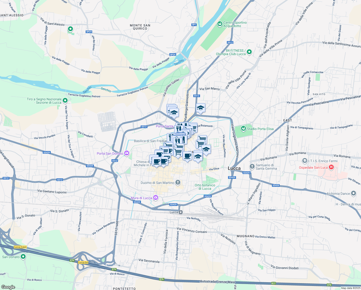 map of restaurants, bars, coffee shops, grocery stores, and more near 142-150 Via Fillungo in Lucca