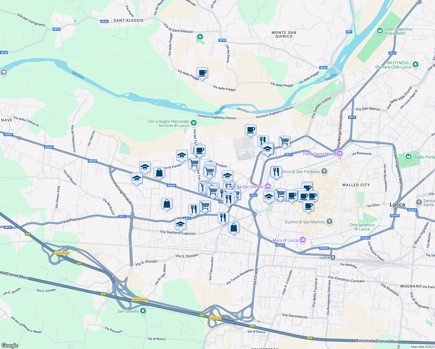 map of restaurants, bars, coffee shops, grocery stores, and more near 149 Via Don Giorgio Bigongiari in Lucca