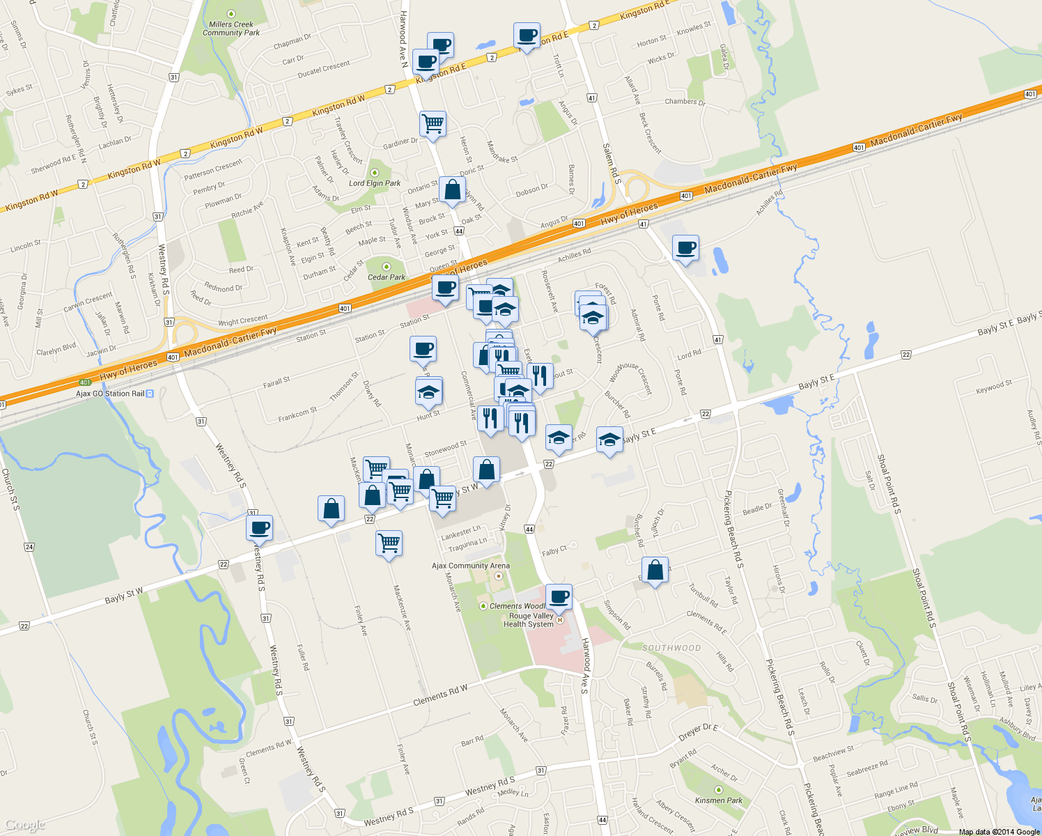map of restaurants, bars, coffee shops, grocery stores, and more near 307 Harwood Avenue South in Ajax