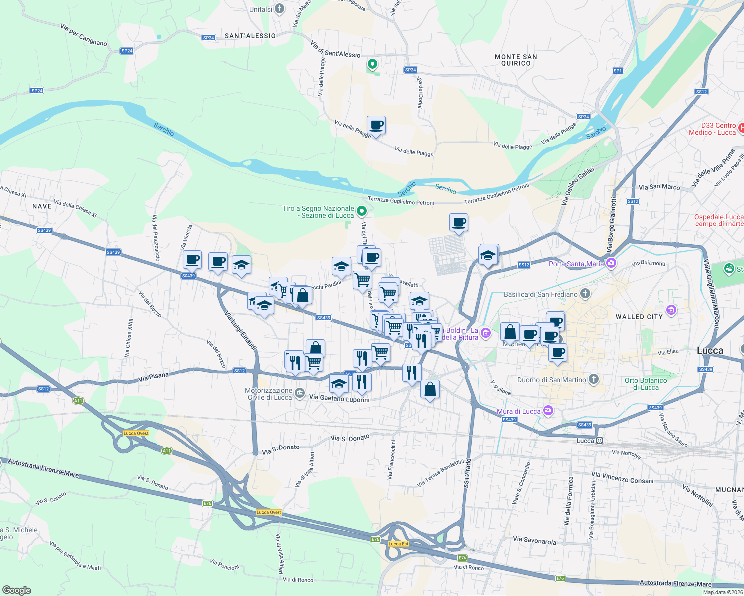 map of restaurants, bars, coffee shops, grocery stores, and more near 202 Traversa 1 in Lucca