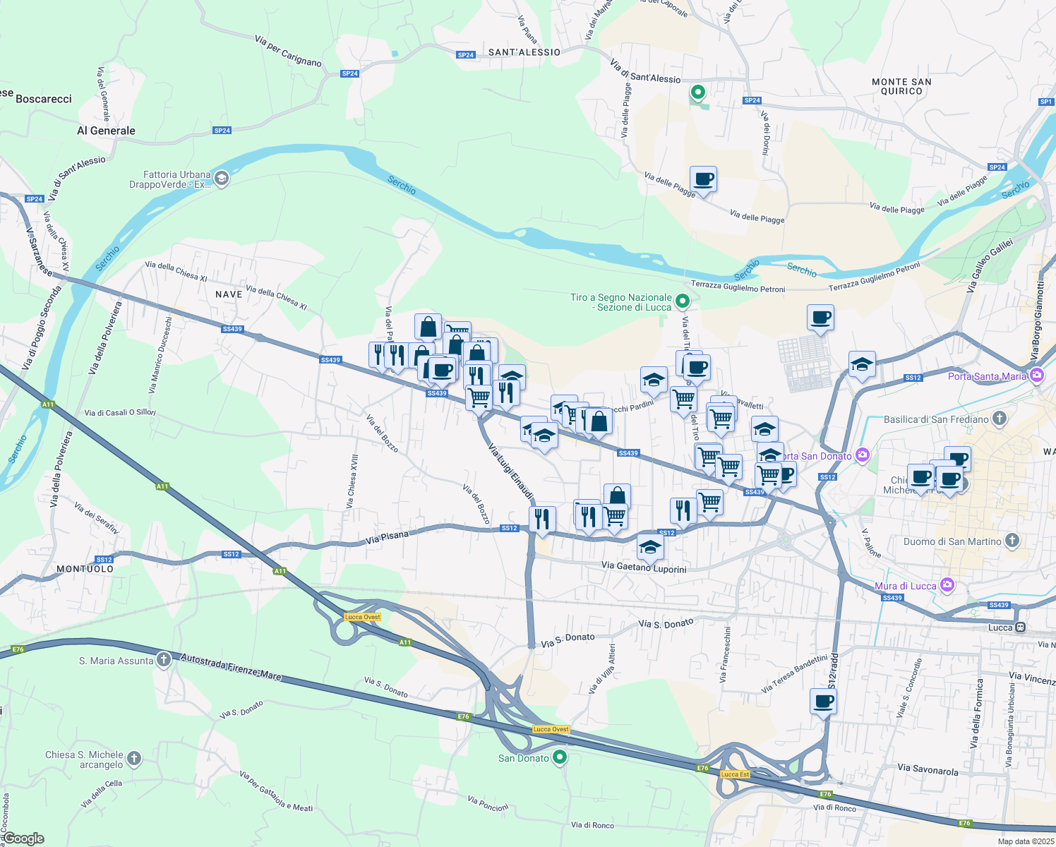 map of restaurants, bars, coffee shops, grocery stores, and more near 1283 Viale Giacomo Puccini in Lucca