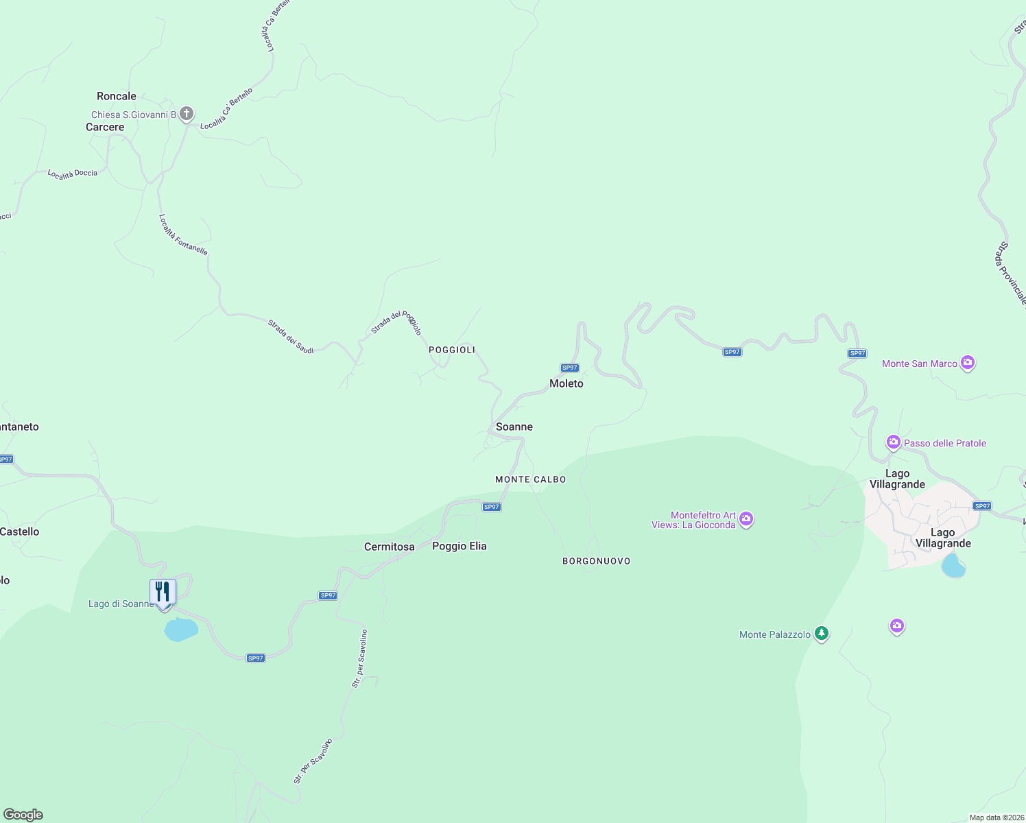map of restaurants, bars, coffee shops, grocery stores, and more near 132 Via Strada per Soanne in Soanne