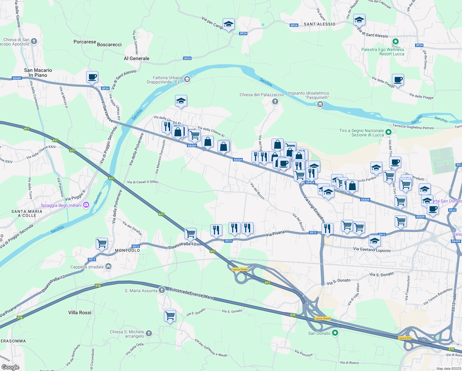 map of restaurants, bars, coffee shops, grocery stores, and more near 740 Via Chiesa XVIII in Lucca