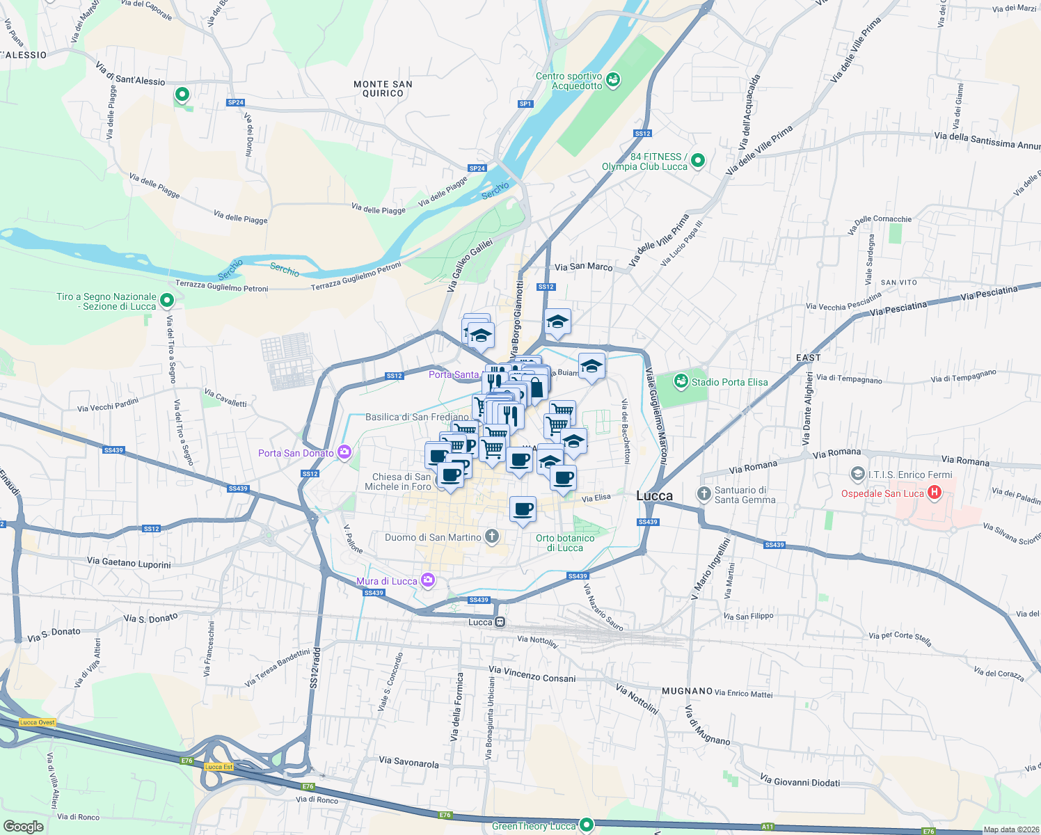 map of restaurants, bars, coffee shops, grocery stores, and more near 196 Via Fillungo in Lucca