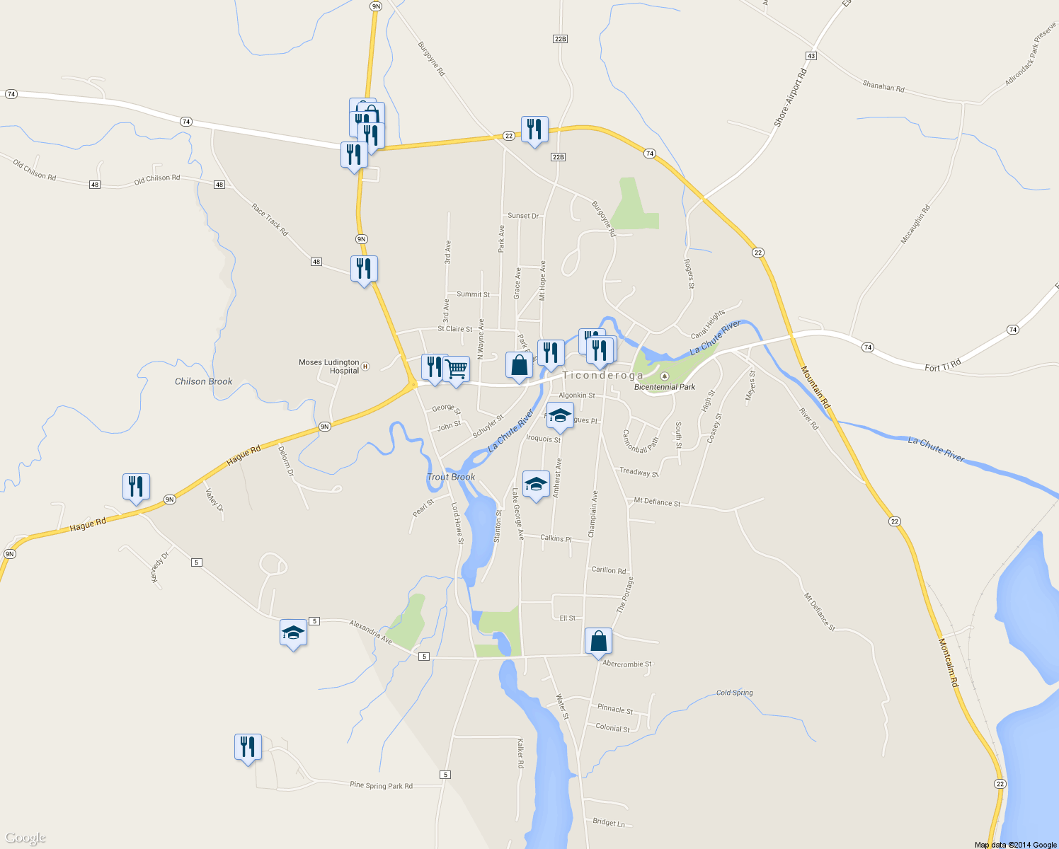 map of restaurants, bars, coffee shops, grocery stores, and more near 147 Lake George Avenue in Ticonderoga