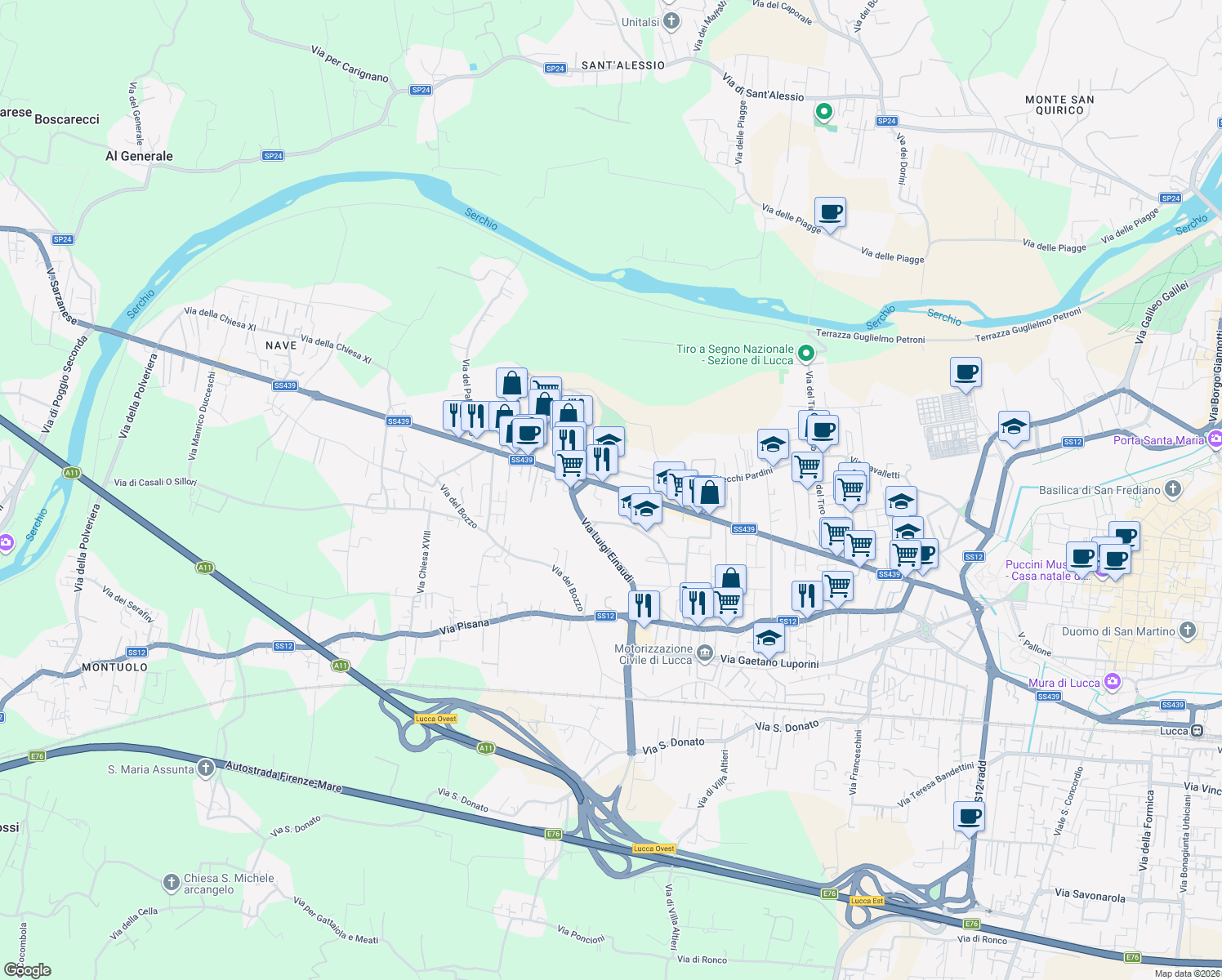 map of restaurants, bars, coffee shops, grocery stores, and more near 1283 Viale Puccini in Lucca