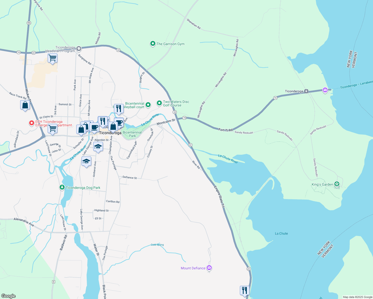 map of restaurants, bars, coffee shops, grocery stores, and more near 50 River Rd in Ticonderoga