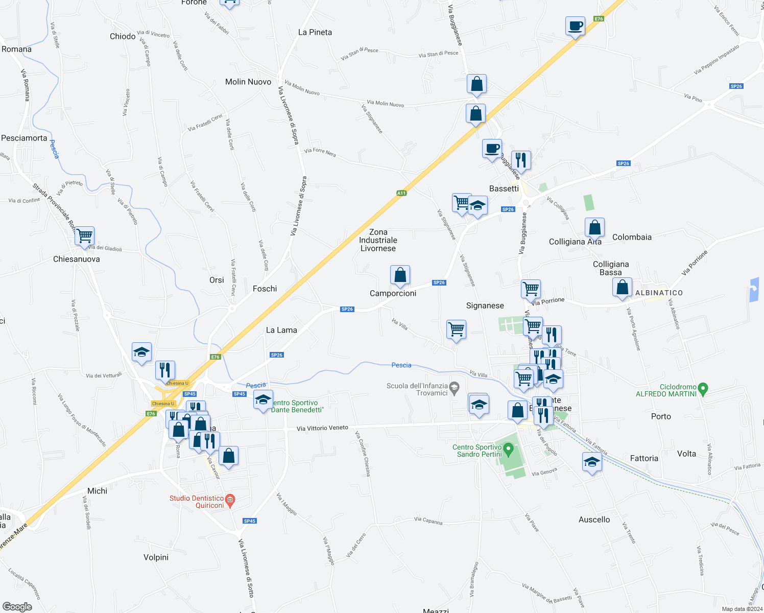 map of restaurants, bars, coffee shops, grocery stores, and more near 128 Via Villa in Ponte Buggianese
