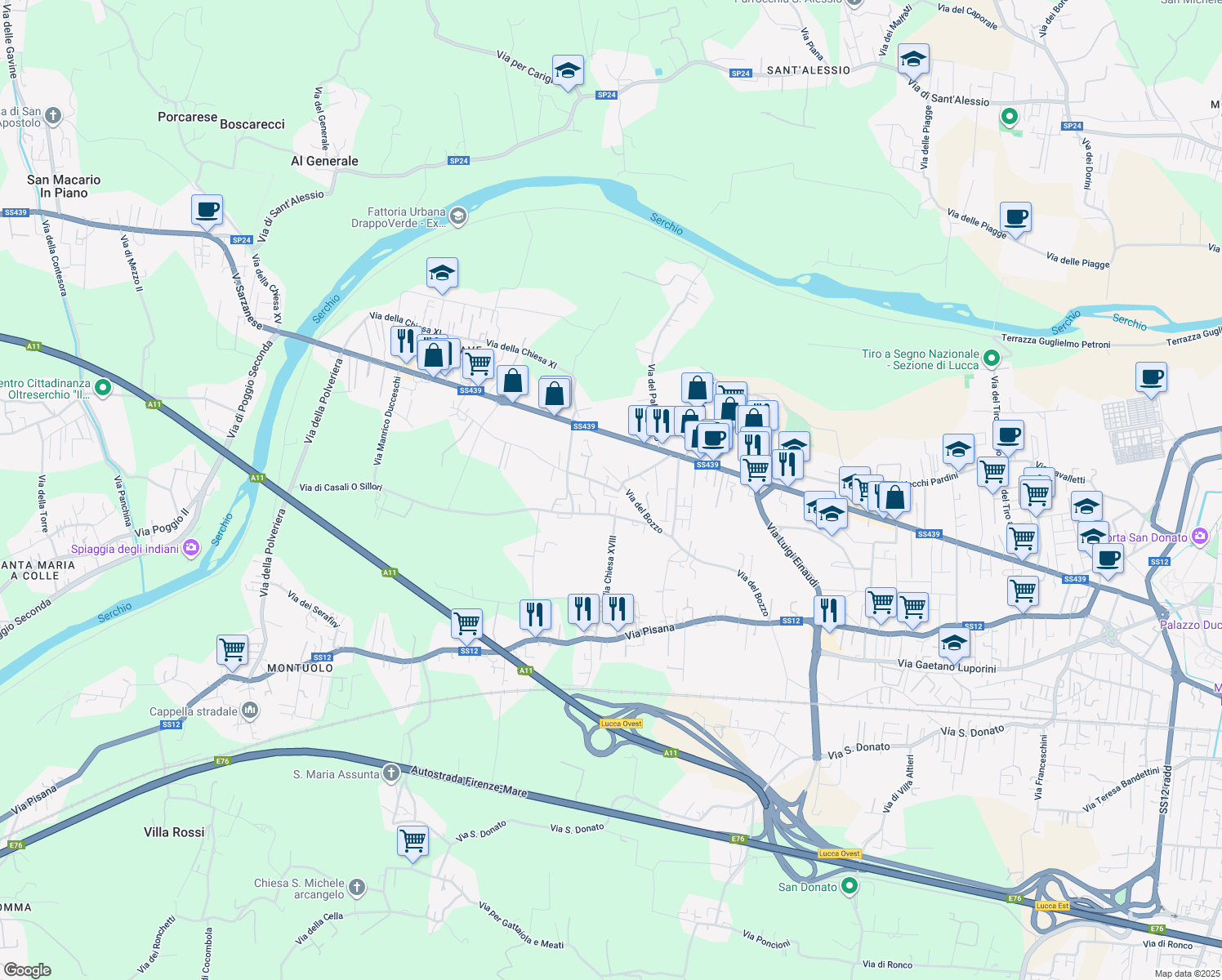 map of restaurants, bars, coffee shops, grocery stores, and more near 307 Via Sant'Angelo in Lucca