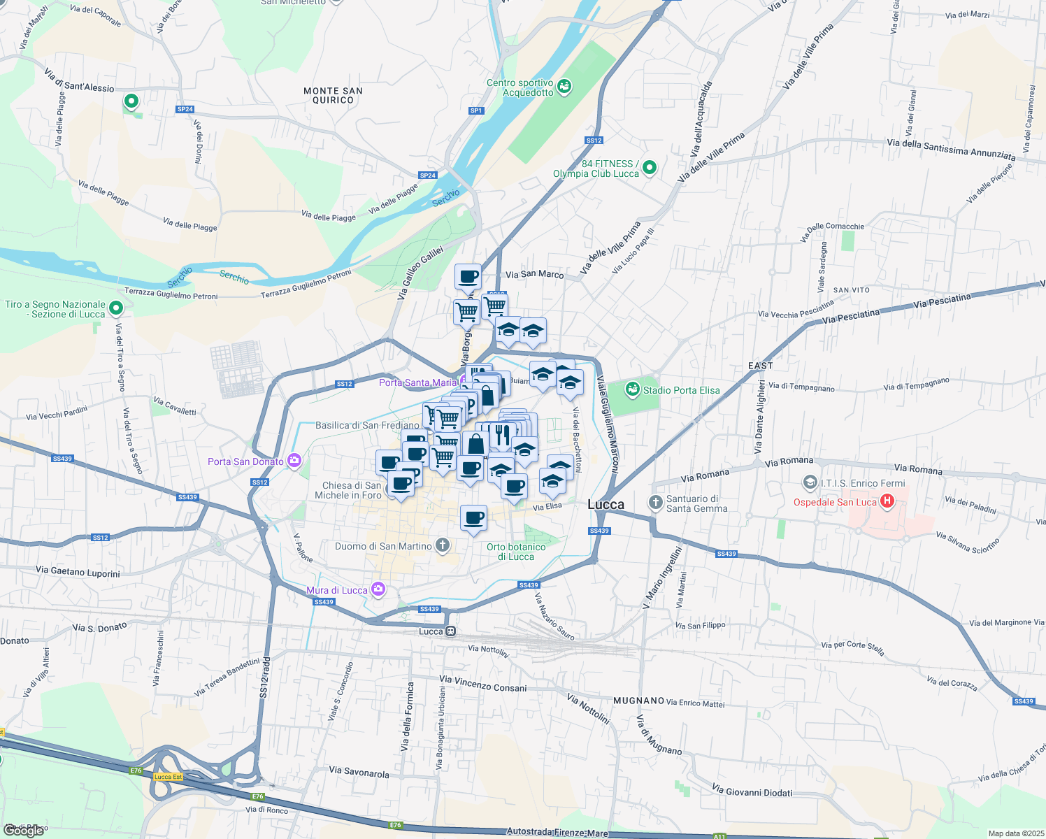 map of restaurants, bars, coffee shops, grocery stores, and more near 191 Via del Fosso in Lucca